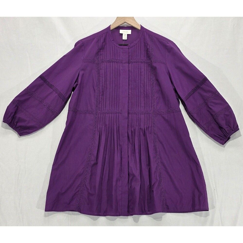 NWT Chicos Ladra Purple Pleated Tunic Balloon Sleeve Cotton Peasant Top 2/L